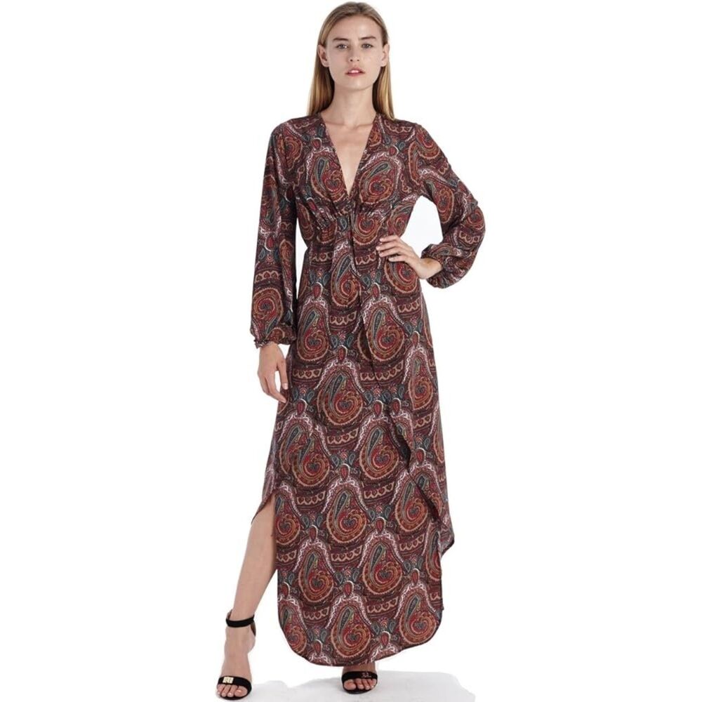 Fraiche by J Paisley Print Flowing Maxi Dress in a Red Paisley Pattern | SMALL